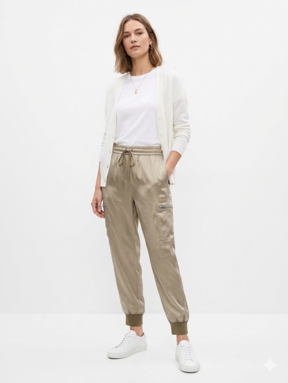 Reiss Satin Jogger Pants Khaki Size 10 Elastic Waist Luxe Casual Chic